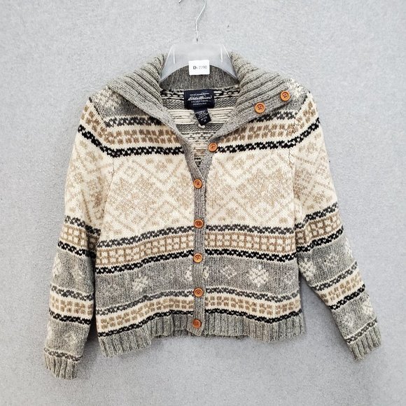 Eddie Bauer Women Sweater Medium‎ Petite Beige Fair Isle Wool Blend VINTAGE - Picture 1 of 7